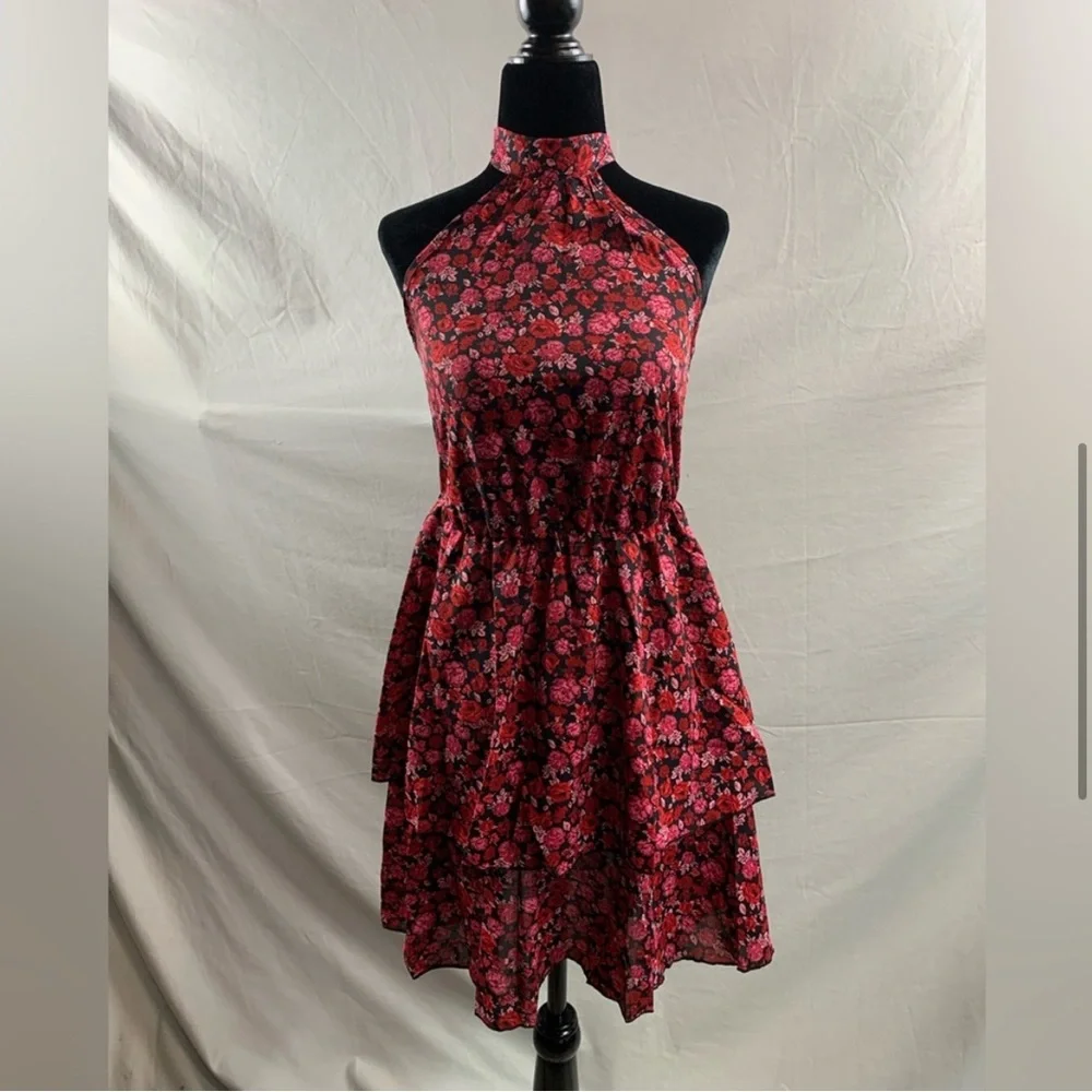 Rose Floral Print Layered Ruffle Hem Belted Halter Dress - Picture 4 of 5